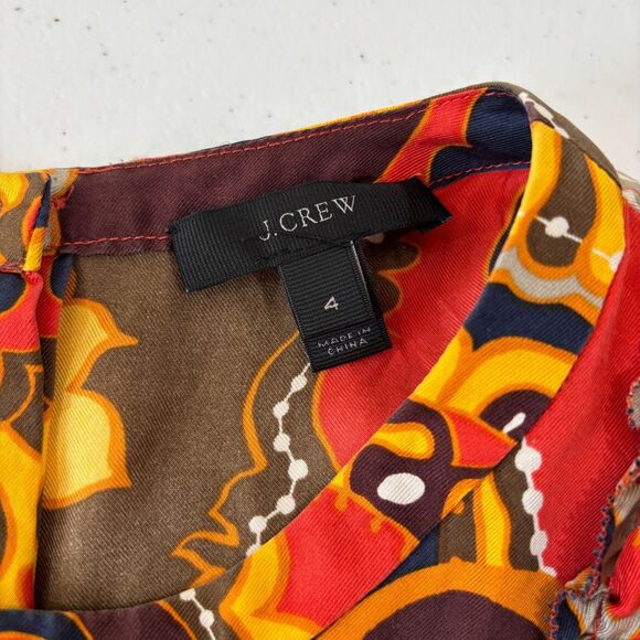 J Crew Paisley Silk Blouse 4 Brown Orange Ruffle Sleeveless Back Button Office - Picture 7 of 9